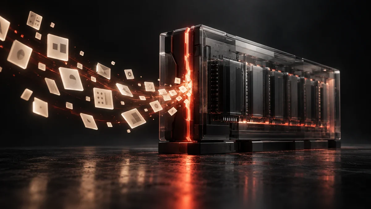 Conceptual artwork of abstract data tiles escaping a damaged glass memory enclosure.