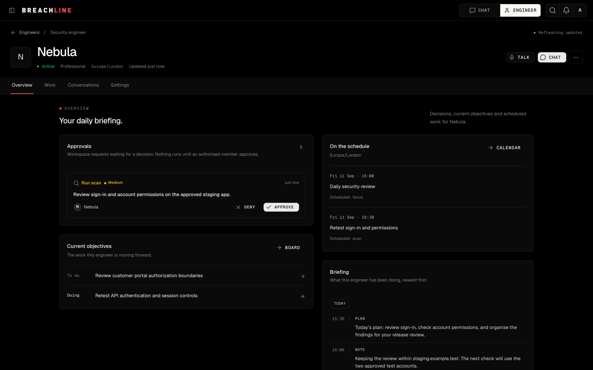 Nebula’s daily briefing and scheduled work in the Engineer view