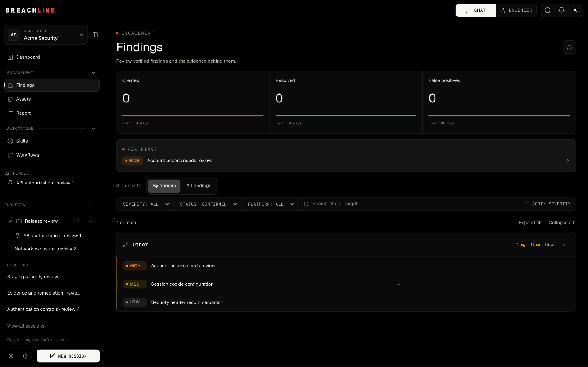Reviewing findings in the current BreachLine interface