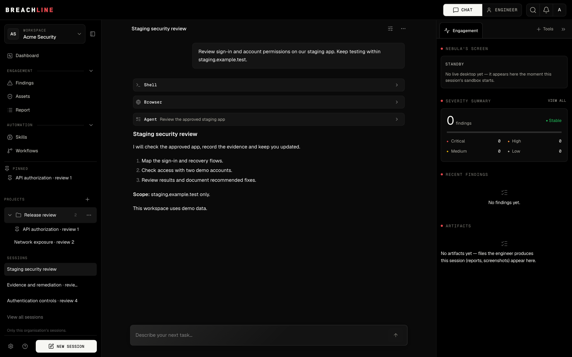 Projects and pinned sessions in the BreachLine workspace