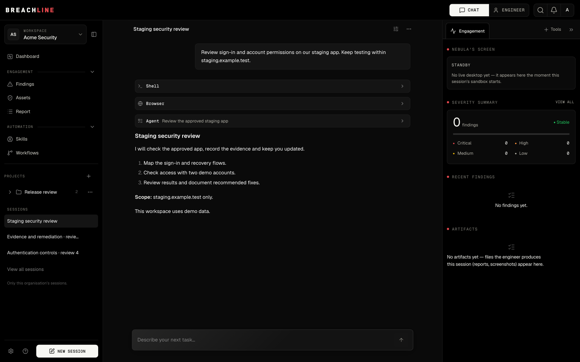 A scoped task and tool activity in the BreachLine conversation